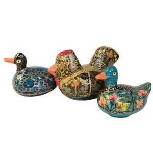 Papier Mache Kashmiri Ducks And Hen Trinket Gift Boxes Set Of Three Colorful